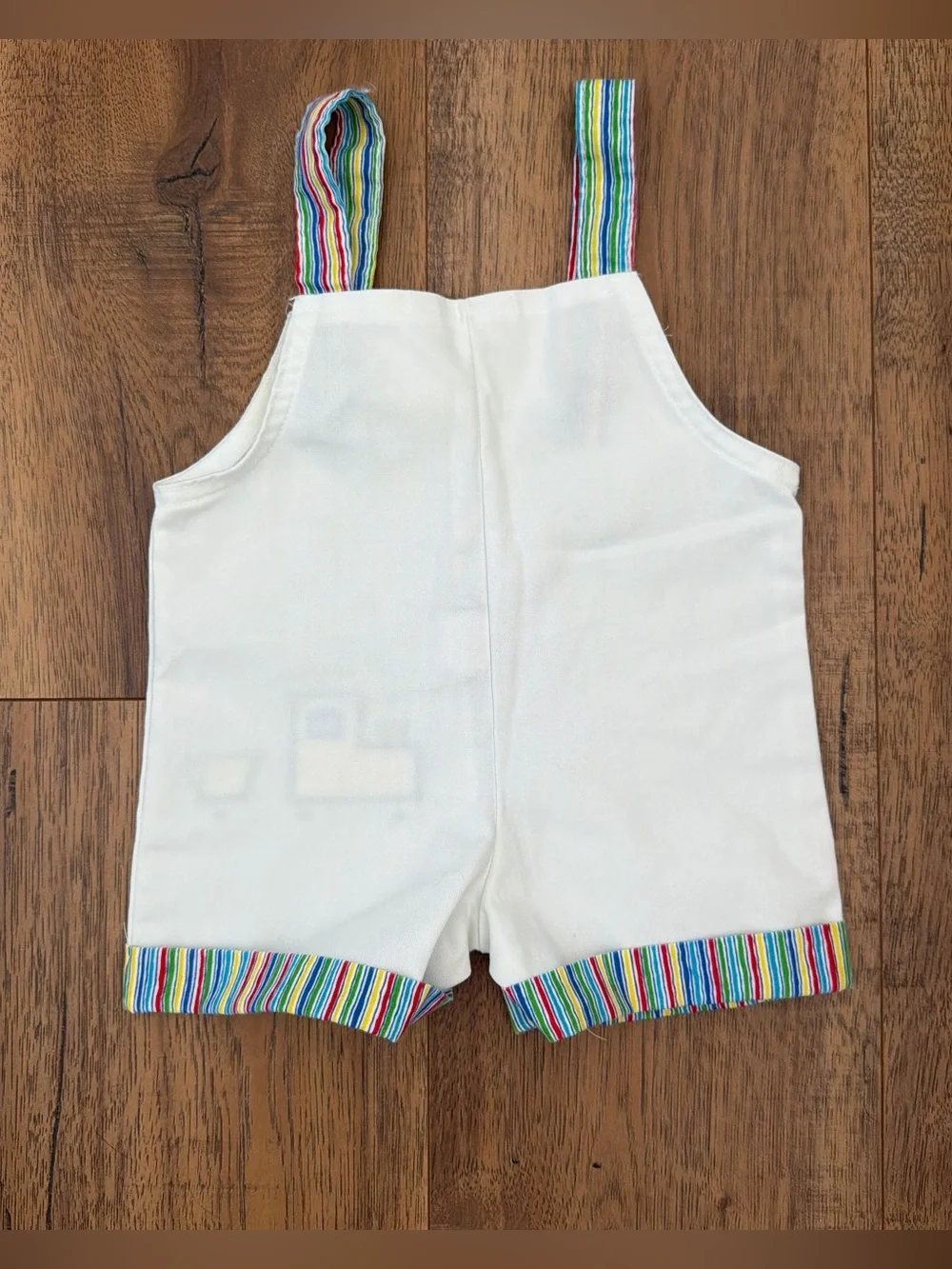Vintage White Toddler Train Shortalls with Rainbow Trim